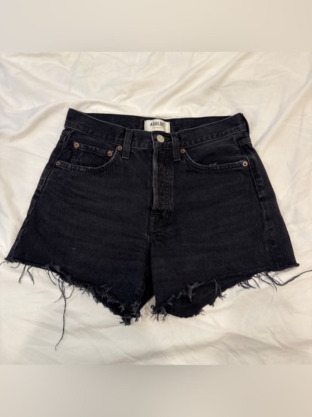 AGOLDE Parker Long Shorts 24 Black High Rise Frayed Cutoff Denim Y2K Grunge